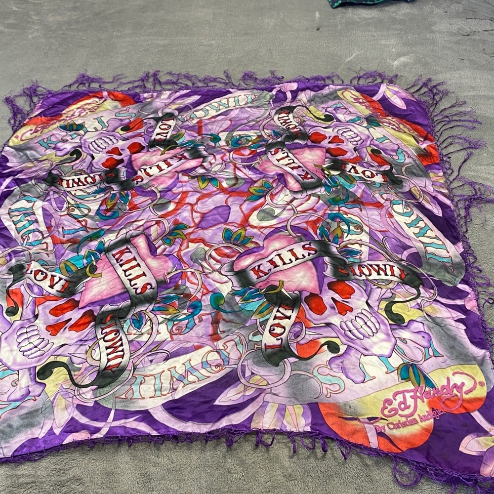 Ed Hardy Scarf Women OS Purple Love Kills Slowly Tattoo Silk Fringe Wrap Shawl